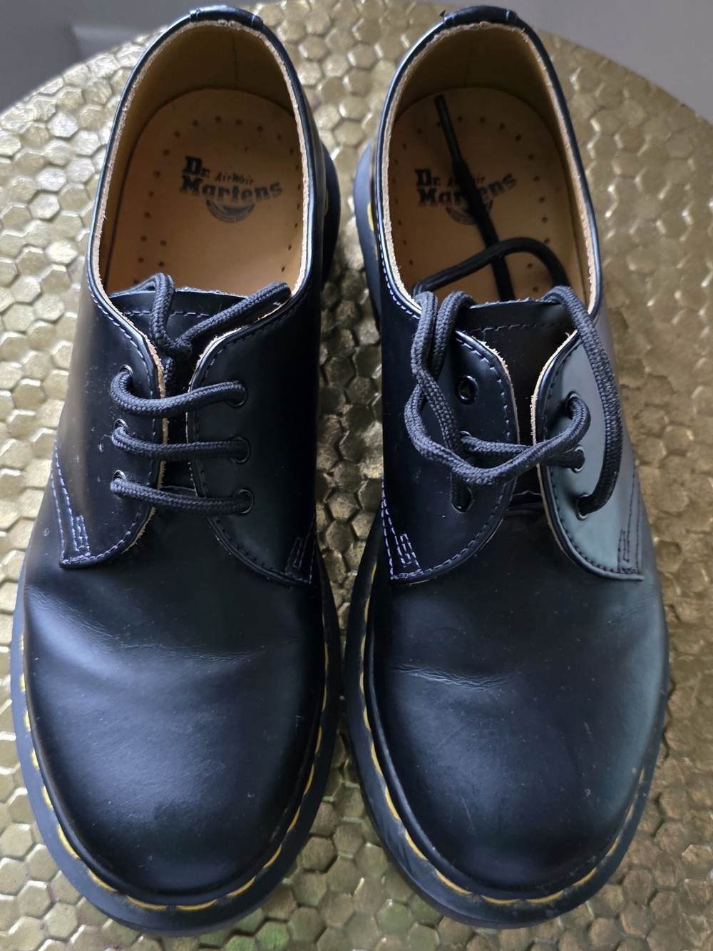Dr. Martens Black Leather 3-Eye Derby Shoes with Yellow Stitching